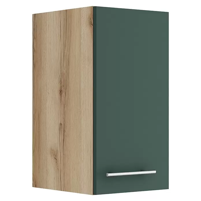 Optifit Savona405 Hängeschrank - 34,6 x 30 x 57,6 cm, Steingrün - Zweifarbiger Küchenschrank mit heller Holzmaserung und dunkelgrüner Tür, mit silbernem Stangengriff.