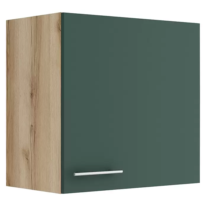 Optifit Savona405 Hängeschrank - 34,6 x 60 x 57,6 cm, Steingrün - Wandschrank mit Holzoptik-Seite und dunkelgrüner Tür mit silbernem Griff.