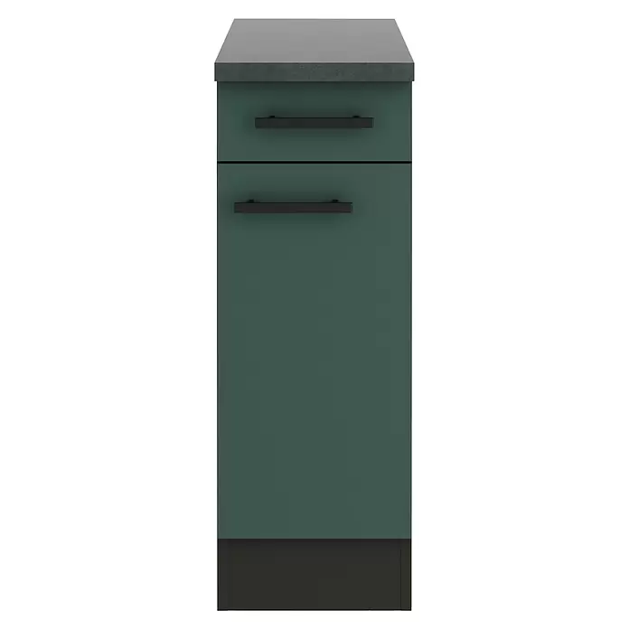 Optifit Verona405 Unterschrank - 60 x 30 x 84,8 cm, Steingrün, Mit 1 Schubkasten und 1 Tür - Dunkelgrüner Küchenunterschrank mit dunkelgrauer Arbeitsplatte, schwarzen Griffen und zwei Fronten.