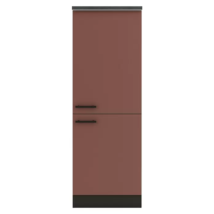 Optifit Nizza407 Küchen-Midischrank - 60 x 60 x 174,4 cm, Rostrot, Mit 2 Türen und Arbeitsplatte für Kühlschrank 88 cm - Rotbrauner zweitüriger Kühlschrank mit schwarzen Griffen und dunkelgrauer Verkleidung.