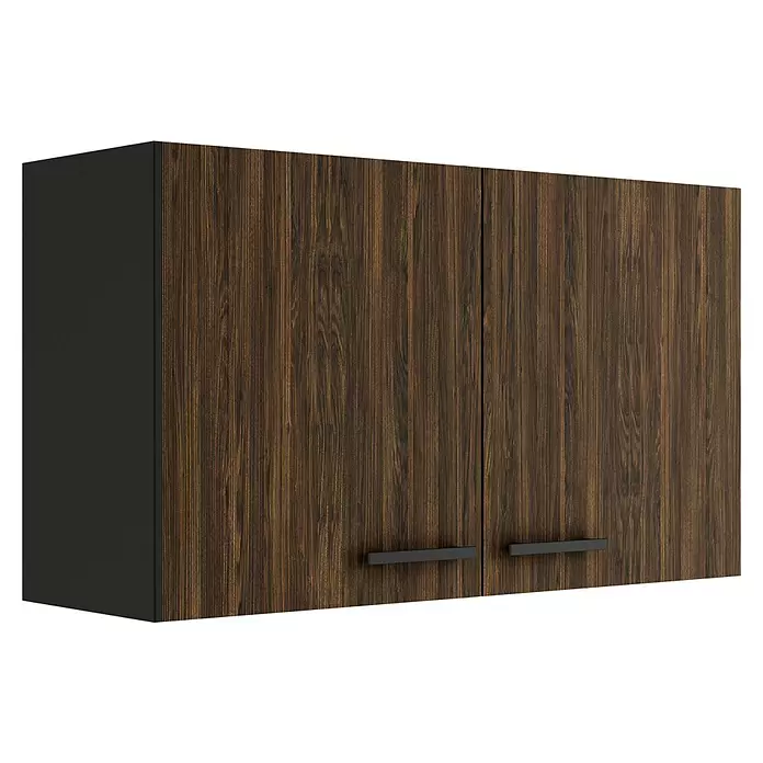 Optifit OPTIkult Hängeschrank Rimini409 - 34,6 x 100 x 57,6 cm, Rillendekor Nussbaum - Hängeschrank mit zwei dunkelbraunen Holzmaserungstüren und zwei schwarzen horizontalen Griffen, mit dunkelgrauen Seiten.