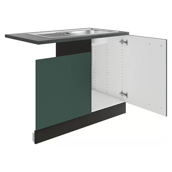 Optifit Verona405 Spülenunterschrank - 60 x 110 x 84,8 cm, Steingrün, Mit Blende 60 cm für teilintegrierten Geschirrspüler - Dunkelgrüner Küchenunterschrank mit dunkelgrauer Arbeitsplatte und integrierter Edelstahlspüle, mit geöffneter weißer Tür.