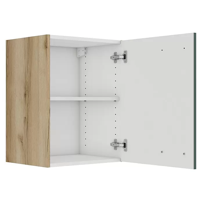Optifit Savona405 Hängeschrank - 34,6 x 45 x 57,6 cm, Steingrün - Offener Hängeschrank mit heller Holzmaserungstür und weißem Innenraum mit verstellbarem Regal.