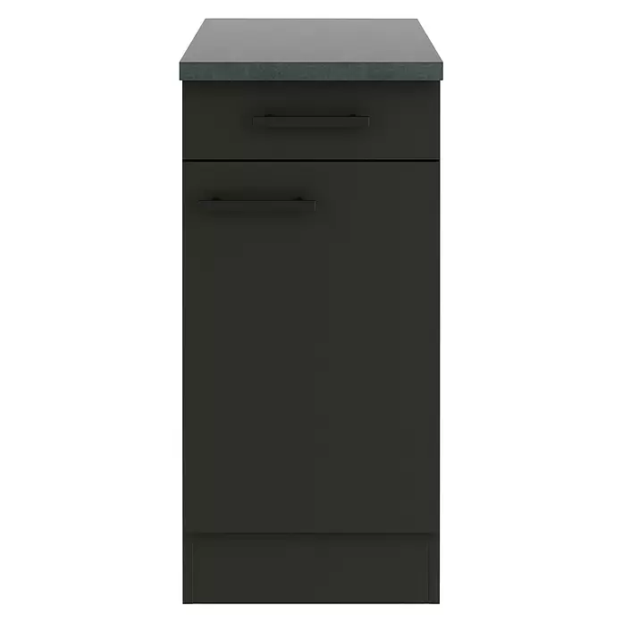 Optifit Madrid420 Küchen-Unterschrank - 60 x 40 x 84,8 cm, Anthrazit Matt, Mit 1 Schubkasten und 1 Tür - Dunkelgrauer Küchenunterschrank mit passender Arbeitsplatte, einer Schublade oben und einer Tür unten, beide mit schwarzen Griffen.