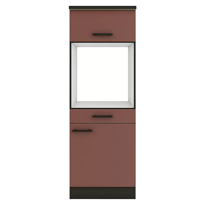 Optifit Nizza407 Küchen-Midischrank - 60 x 60 x 174,4 cm, Rostrot, Für Backofen und Kühlschrank 88 cm mit 1 Tür und Arbeitsplatte - Dunkelbrauner Schrank mit schwarzen Griffen und mittiger offener weißer Ablage.