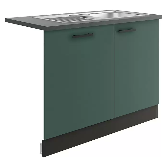 Optifit Verona405 Spülenunterschrank - 60 x 110 x 84,8 cm, Steingrün, Mit Blende 60 cm für vollintegrierten Geschirrspüler - Dunkelgrüner zweitüriger Küchenspülenunterschrank mit grauer Arbeitsplatte, integrierter Edelstahlspüle und schwarzen Griffen.