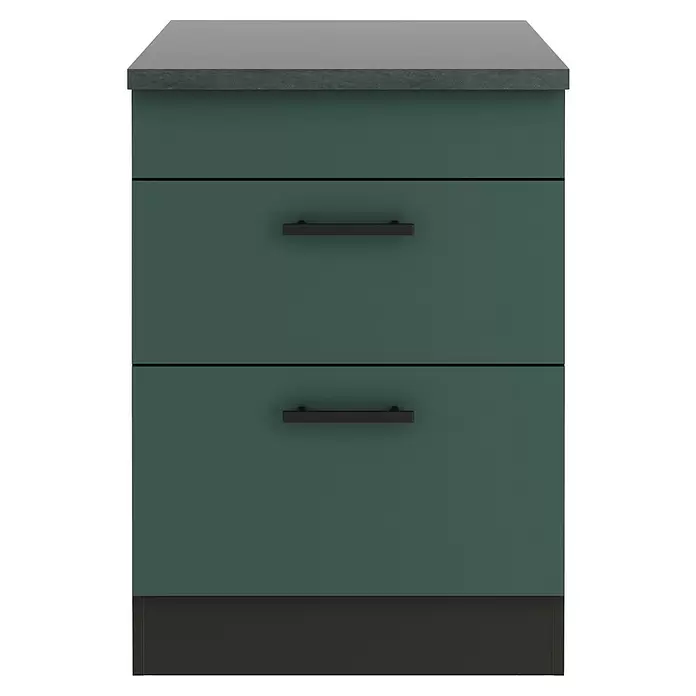 Optifit Verona405 Unterschrank - 60 x 60 x 84,8 cm, Steingrün, Mit 1 Blende und 2 Auszügen - Dunkelgrüne Kommode mit zwei Schubladen, dunkelgrauer Platte, schwarzen Griffen und Sockel.
