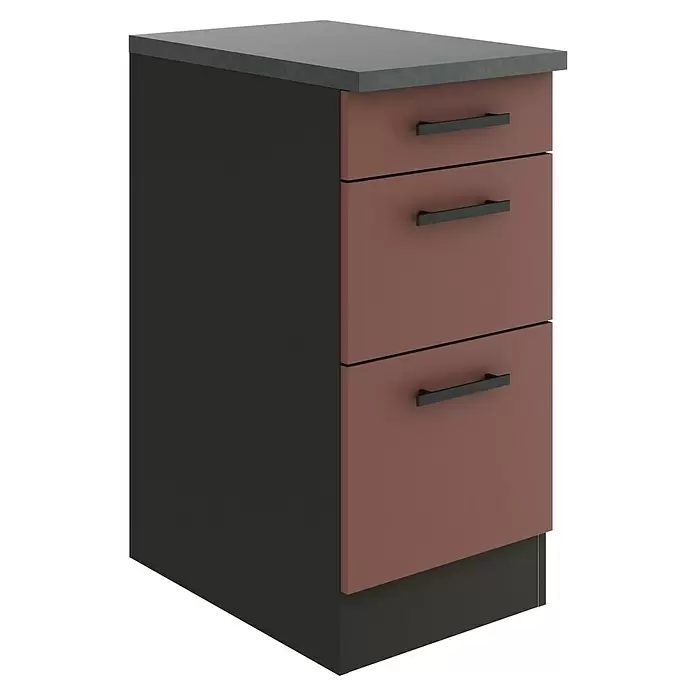 Optifit Nizza407 Unterschrank - 60 x 40 x 84,8 cm, Rostrot, Mit 1 Schubkasten und 2 Auszügen - Hoher Schrank mit dunkelgrauer Platte, dunklen Seiten und drei rotbraunen Schubladen mit schwarzen Griffen.
