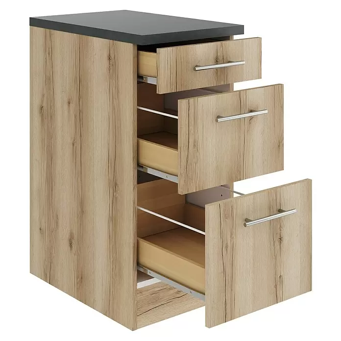Optifit Livorno290 Unterschrank - 60 x 40 x 84,8 cm, Wildeiche Nachbildung, Mit 1 Schubkasten und 2 Auszügen - Helle Holzkommode mit dunkelgrauer Platte, drei teilweise geöffneten Schubladen, silberne Griffe.