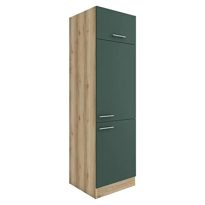 Optifit Savona405 Geräteumbauschrank - 60 x 60 x 206,8 cm, Steingrün, Mit 1 Klappe und 2 Türen mit Nische für Kühlschrank 88 cm - Hoher Schrank mit Holzmaserung an Seite und Sockel, ausgestattet mit dunkelgrünen Türen und silbernen Griffen.