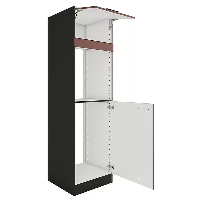 Optifit Nizza407 Geräteumbauschrank - 60 x 60 x 206,8 cm, Rostrot, Mit 1 Klappe und 2 Türen für Backofen und Kühlschrank 88 cm - Hoher Küchenschrank mit dunkelgrauer Außenseite, weißem Innenraum und braunen Akzenten. Er hat eine obere Klapptür und eine untere Flügeltür, beide geöffnet.
