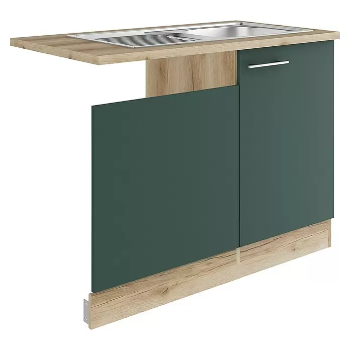 Optifit Savona405 Spülenunterschrank - 60 x 110 x 84,8 cm, Steingrün, Mit Blende 60 cm für teilintegrierten Geschirrspüler - Dunkelgrüner Küchenunterschrank mit heller Holzplatte und integrierter Spüle. Mit Holzseitenpaneel und Sockelleiste.