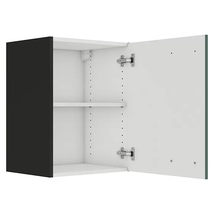 Optifit Verona405 Hängeschrank - 34,6 x 45 x 57,6 cm, Steingrün - Offener schwarzer und weißer Küchenhängeschrank mit verstellbarem Einlegeboden und sichtbaren Scharnieren.
