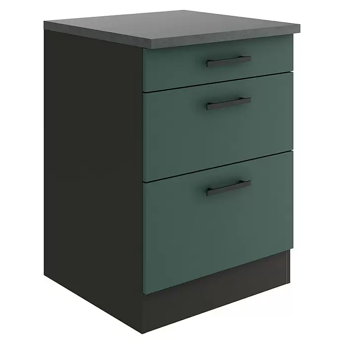 Optifit Verona405 Unterschrank - 60 x 60 x 84,8 cm, Steingrün, M 1 Schubkasten und 2 Auszügen - Dunkelgrauer Küchenunterschrank mit grauer Arbeitsplatte und drei dunkelgrünen Schubladen mit schwarzen Griffen.