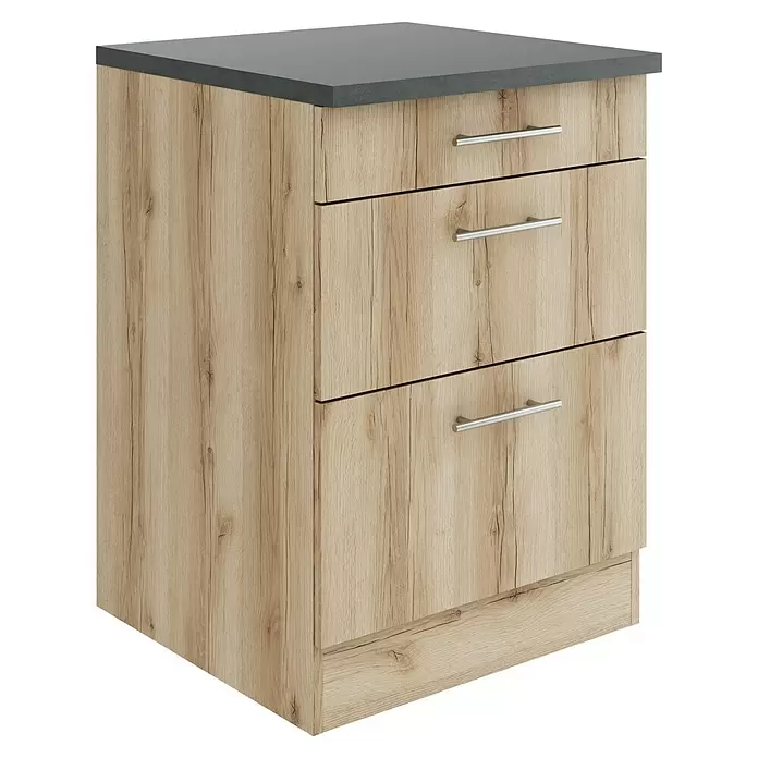Optifit Livorno290 Unterschrank - 60 x 60 x 84,8 cm, Wildeiche Nachbildung, M 1 Schubkasten und 2 Auszügen - Hellbrauner Holzschrank mit dunkelgrauer Platte und drei Schubladen mit silbernen Griffen.