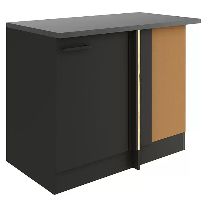 Optifit Madrid420 Eck-Unterschrank für Eck Typ 1 - 60 x 110 x 84,8 cm, Anthrazit Matt - Dunkelgrauer Küchenunterschrank mit passender Arbeitsplatte und schwarzem Griff. Seitenwand zeigt hellbraunes Innenmaterial.