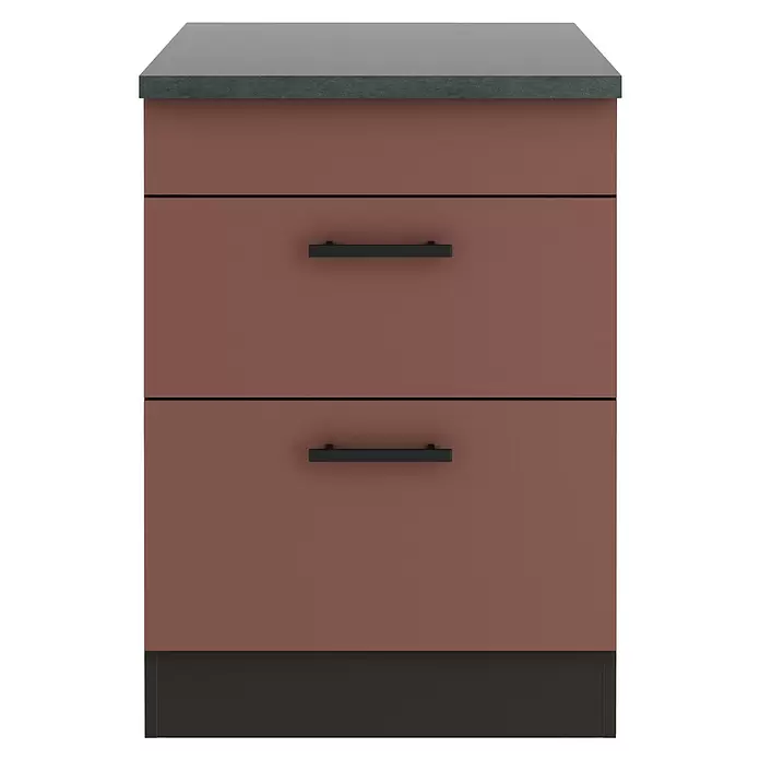 Optifit Nizza407 Unterschrank - 60 x 60 x 84,8 cm, Rostrot, Mit 1 Blende und 2 Auszügen - Zweischübiger Unterschrank in Braunrot mit dunkelgrauer Arbeitsplatte und schwarzen Griffen.