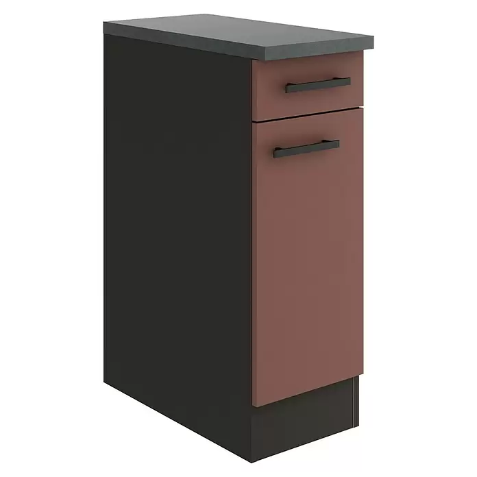 Optifit Nizza407 Unterschrank - 60 x 30 x 84,8 cm, Rostrot, Mit 1 Schubkasten und 1 Tür - Schmaler Zweischubladenschrank mit dunkelgrauer Platte, Seite und Sockel, mit rotbraunen Fronten und schwarzen Griffen.