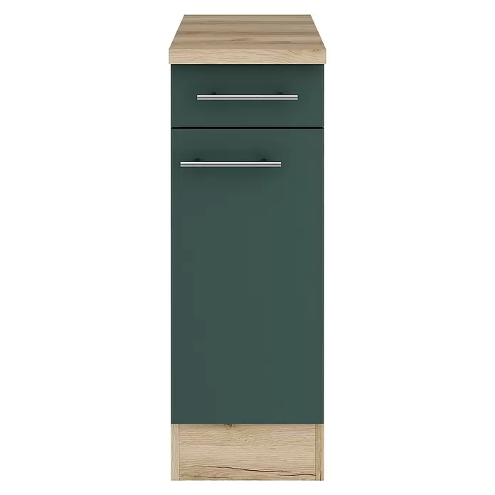 Optifit Savona405 Unterschrank - 60 x 30 x 84,8 cm, Steingrün, Mit 1 Schubkasten und 1 Tür - Dunkelgrüner Küchenunterschrank mit Eichen-Effekt-Arbeitsplatte und Sockel, einer Schublade und einer Tür mit silbernen Griffen.