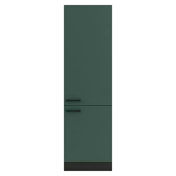Optifit Verona405 Küchen-Hochschrank - 60 x 60 x 206,8 cm, Steingrün - Dunkelgrüner zweitüriger Kühlschrank mit schwarzen horizontalen Griffen und dunklem Sockel.