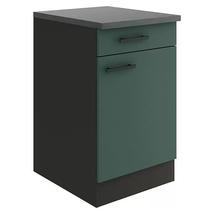 Optifit Verona405 Unterschrank - 60 x 50 x 84,8 cm, Steingrün, Mit 1 Schubkasten und 1 Tür - Küchenunterschrank mit dunkelgrauer Arbeitsplatte, türkiser Schublade & Tür und schwarzen Griffen.