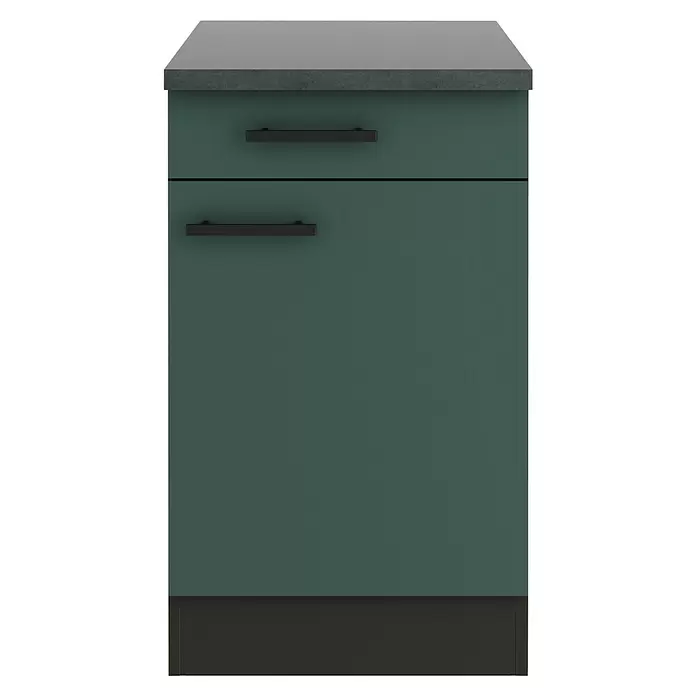 Optifit Verona405 Unterschrank - 60 x 50 x 84,8 cm, Steingrün, Mit 1 Schubkasten und 1 Tür - Dunkelgrüner Küchenunterschrank mit dunkelgrauer Arbeitsplatte und schwarzen Griffen.