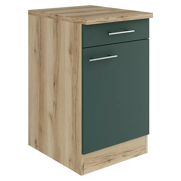 Optifit Savona405 Unterschrank - 60 x 50 x 84,8 cm, Steingrün, Mit 1 Schubkasten und 1 Tür - Zweifarbiger Schrank mit Holzoptik-Seiten und -Oberplatte, dunkelgrüner Schublade und Tür mit silbernen Griffen.