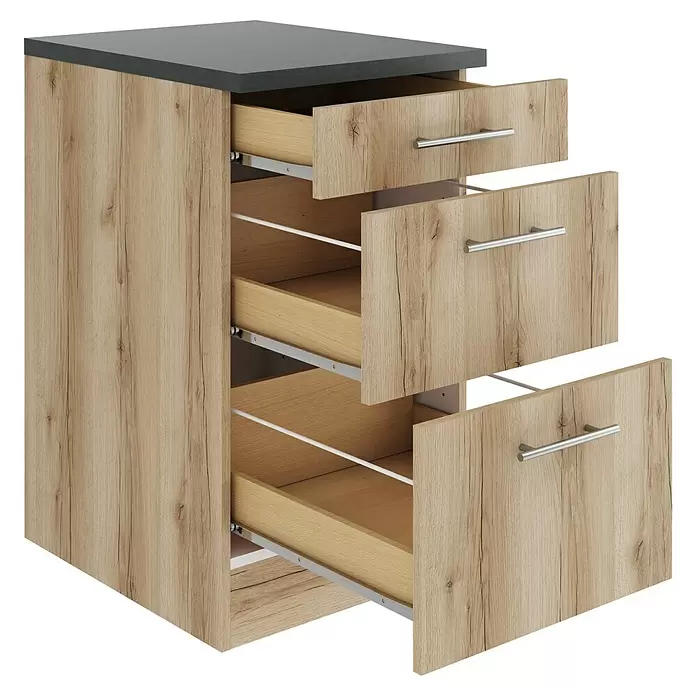 Optifit Livorno290 Unterschrank - 60 x 50 x 84,8 cm, Wildeiche Nachbildung, Mit 1 Schubkasten und 2 Auszügen - Heller Holzschrank mit drei teilweise geöffneten Schubladen, dunkler Platte und silbernen Griffen.