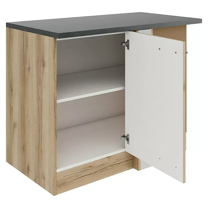 Optifit Livorno290 Eck-Unterschrank für Eck Typ 2 - 60 x 110 x 84,8 cm, Wildeiche Nachbildung - Küchenunterschrank in heller Holzoptik mit dunkler Arbeitsplatte und geöffneter weißer Tür, zwei weiße Regalböden sichtbar.