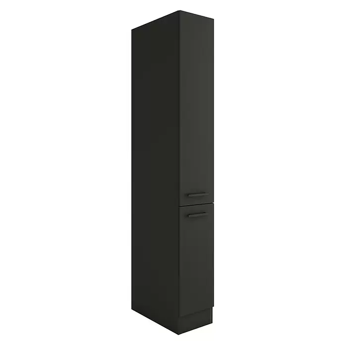 Optifit Madrid420 Apotheker-Hochschrank - 60 x 30 x 206,8 cm, Anthrazit Matt - Hoher dunkelgrauer Schrank mit einer Tür und zwei Schubladen, jeweils mit einem schwarzen Stangengriff.