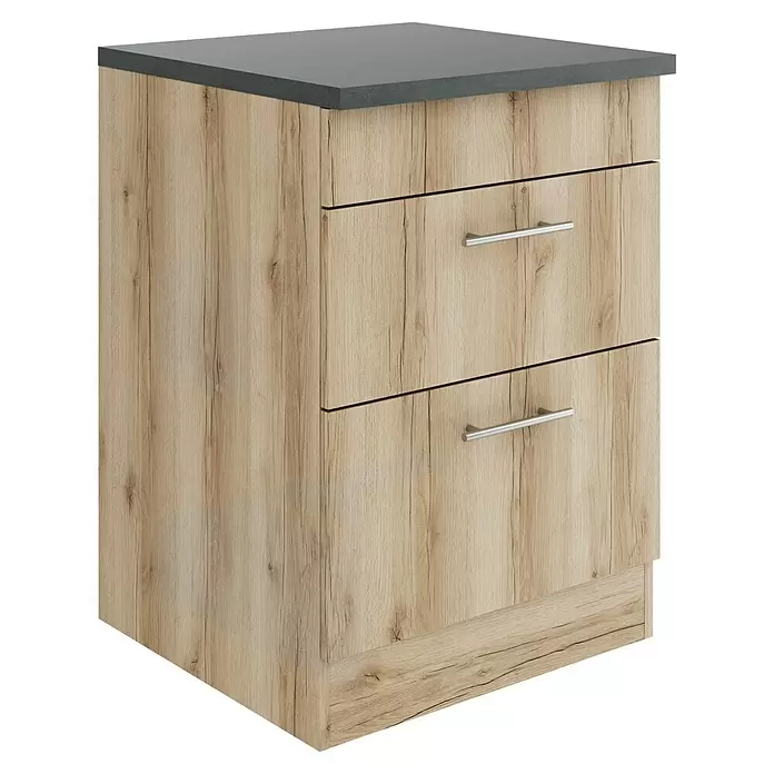 Optifit Livorno290 Unterschrank - 60 x 60 x 84,8 cm, Wildeiche Nachbildung, Mit 1 Blende und 2 Auszügen - Helle Holzmaserung Zweischubladenschrank mit dunkelgrauer Arbeitsplatte und silbernen Stangengriffen.
