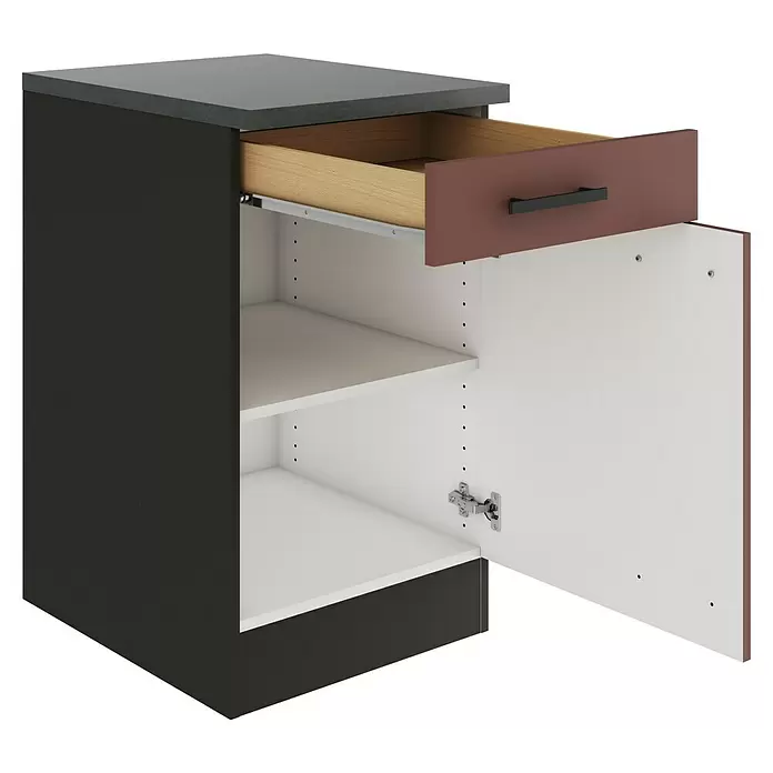 Optifit Nizza407 Unterschrank - 60 x 50 x 84,8 cm, Rostrot, Mit 1 Schubkasten und 1 Tür - Dunkelgrauer Küchenunterschrank mit dunkler Arbeitsplatte, einer teilweise geöffneten rotbraunen Schublade und offener Tür mit weißen, verstellbaren Regalen.