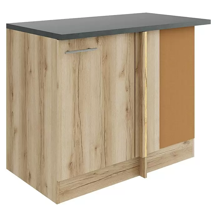 Optifit Livorno290 Eck-Unterschrank für Eck Typ 1 - 60 x 110 x 84,8 cm, Wildeiche Nachbildung - Unterschrank in heller Holzoptik mit dunkelgrauer Arbeitsplatte und silbernem Griff. Teilweise offen, zeigt den Innenbereich.