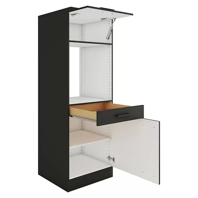 Optifit Madrid420 Midischrank - 60 x 60 x 174,4 cm, Anthrazit Matt, Für Backofen und Kühlschrank 88 cm mit 1 Tür - Hoher, dunkelgrauer Küchenschrank mit weißem Innenraum, nach oben öffnender Tür, offener Schublade und unterer Tür mit Regalen.