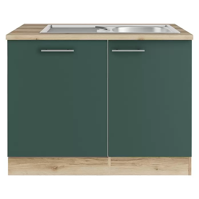 Optifit Savona405 Spülenunterschrank - 60 x 110 x 84,8 cm, Steingrün, Mit Blende 60 cm für vollintegrierten Geschirrspüler - Küchenunterschrank mit zwei dunkelgrünen Türen, Holzoptik-Arbeitsplatte und integriertem Edelstahlspülbecken.