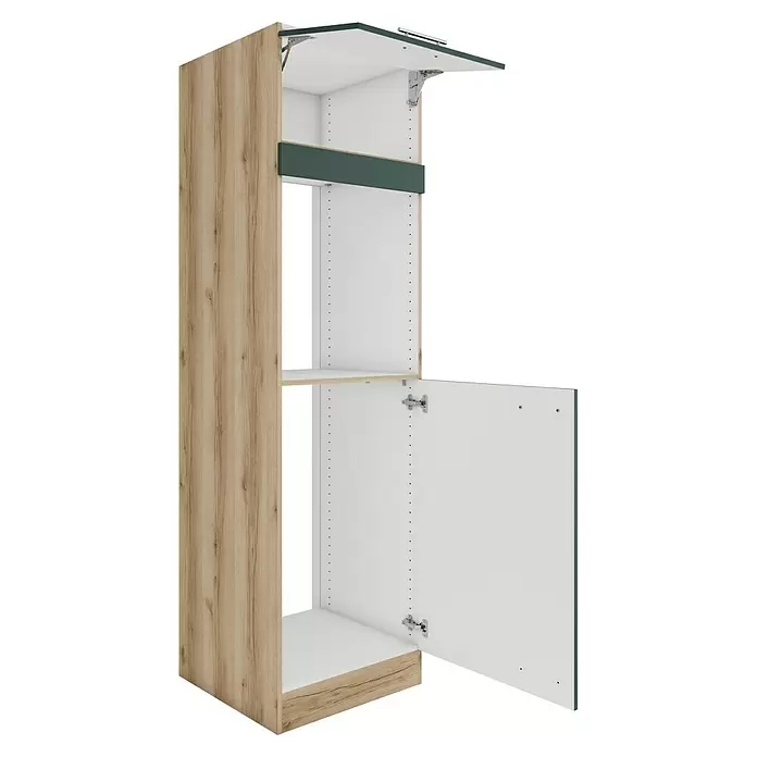 Optifit Savona405 Geräteumbauschrank - 60 x 60 x 206,8 cm, Steingrün, Mit 1 Klappe und 2 Türen für Backofen und Kühlschrank 88 cm - Hoher Küchenschrank mit heller Holzmaserung an der Seite, weißem Innenraum und dunkelgrünem Akzent. Mit offenen Klapp- und Scharniertüren.