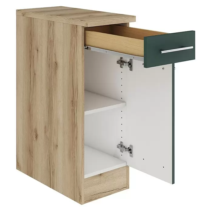 Optifit Savona405 Unterschrank - 60 x 30 x 84,8 cm, Steingrün, Mit 1 Schubkasten und 1 Tür - Heller Holzschrank mit offener Tür, die Regale zeigt, und einer offenen dunkelgrünen Schublade mit silbernem Griff.