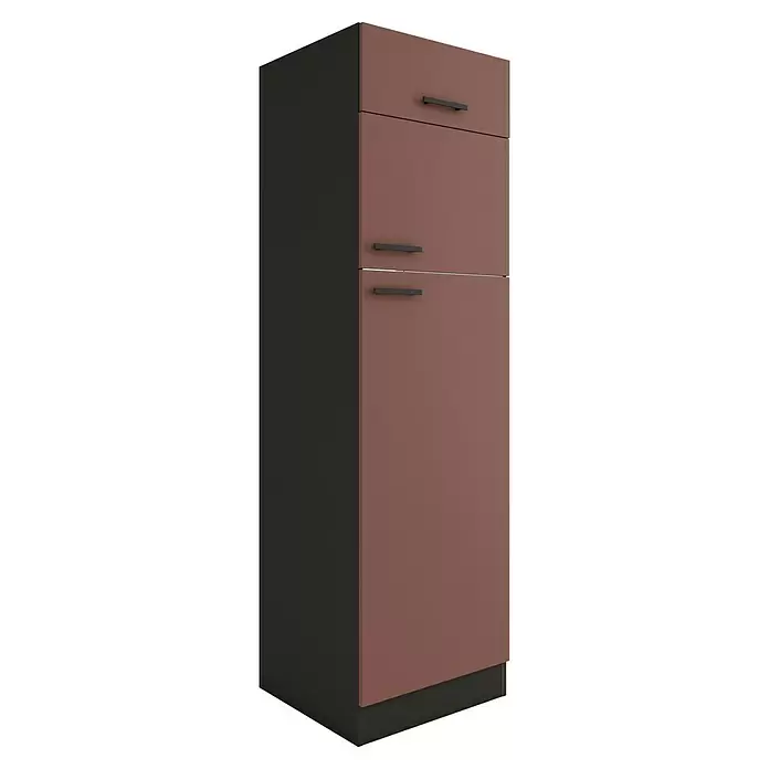 Optifit Nizza407 Geräteumbauschrank - 60 x 60 x 206,8 cm, Rostrot, M 1 Klappe und 2 Türen mit Nische für Kühlschrank 144 cm - Hoher Vorratsschrank mit dunkelbraunen Türen, schwarzen Griffen und dunkelgrauer Seitenwand.