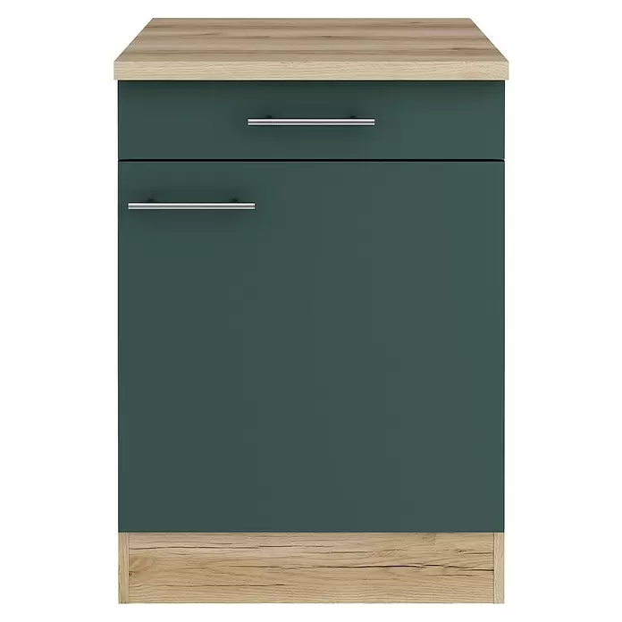 Optifit Savona405 Unterschrank - 60 x 60 x 84,8 cm, Steingrün, Mit 1 Schubkasten und 1 Tür - Dunkelgrüner Küchenunterschrank mit heller Holzoptik-Arbeitsplatte und Sockel, einer Schublade und einer Tür mit silbernen Griffen.