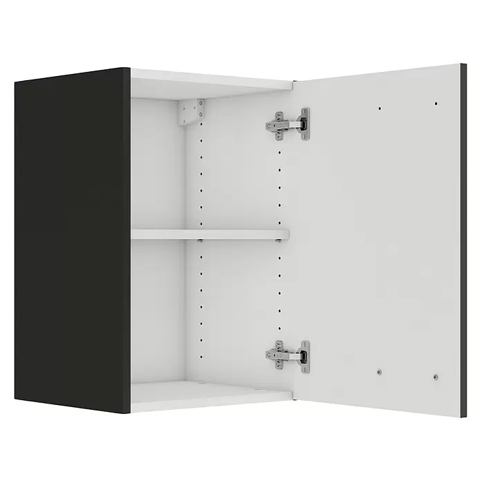 Optifit OPTIkult Hängeschrank Rimini409 - 34,6 x 40 x 57,6 cm, Rillendekor Nussbaum - Geöffneter Wandschrank mit weißer Innenseite, schwarzer Außenseite, einem verstellbaren Regalboden und zwei Scharnieren.