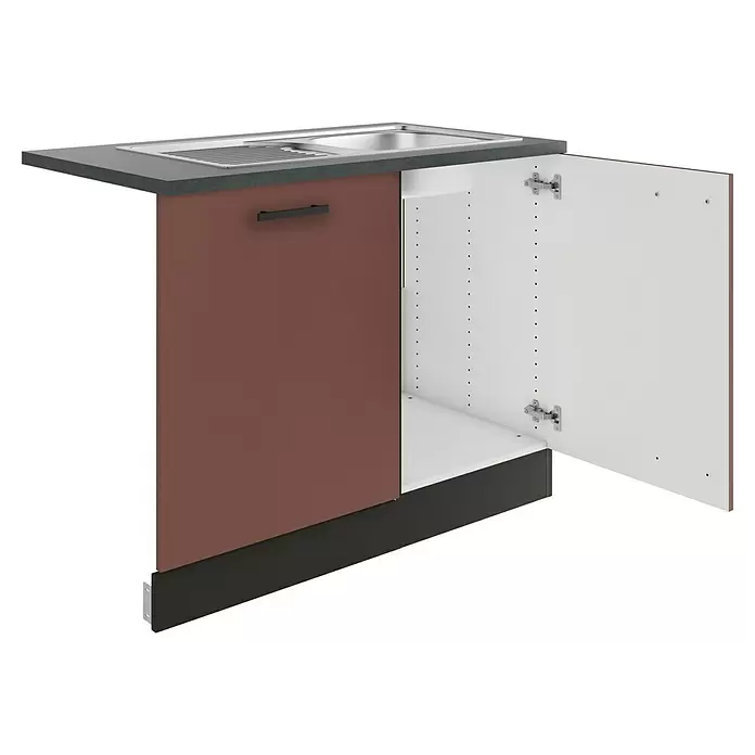 Optifit Nizza407 Spülenunterschrank - 60 x 110 x 84,8 cm, Rostrot, Mit Blende 60 cm für vollintegrierten Geschirrspüler - Küchenspülenunterschrank mit dunkelgrauer Arbeitsplatte, Edelstahlspüle, brauner Tür und offenem weißen Schrankteil mit Scharnieren. Dunkler Sockel unten.