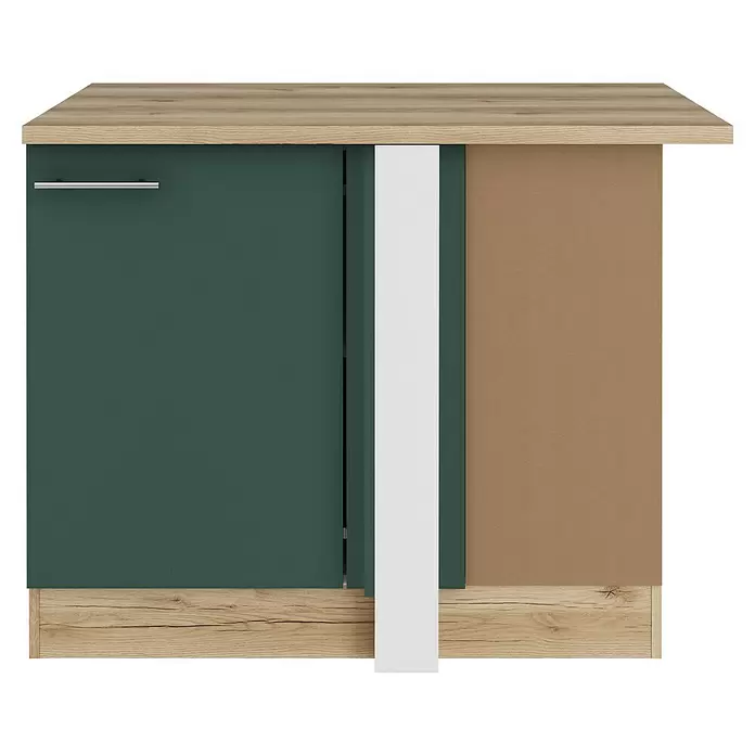 Optifit Savona405 Eck-Unterschrank für Eck Typ 2 - 60 x 110 x 84,8 cm, Steingrün - Zweifarbiges Schiebetürenschränkchen mit Holzplatte und Sockel, einer dunkelgrünen Tür mit silbernem Griff und einer hellbraunen Tür.
