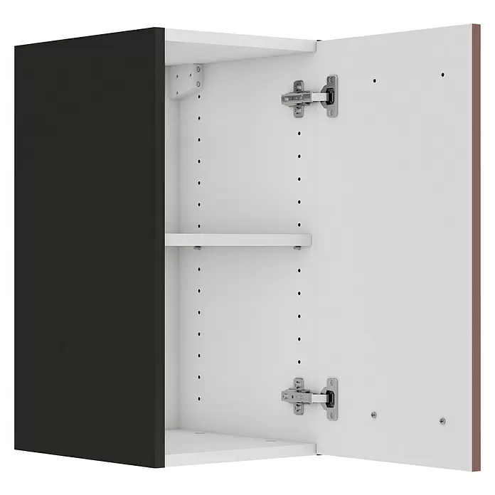 Optifit Nizza407 Hängeschrank - 34,6 x 30 x 57,6 cm, Rostrot - Offener dunkelgrauer Schrank mit weißem Innenraum, verstellbaren Regalböden und sichtbaren Scharnieren.