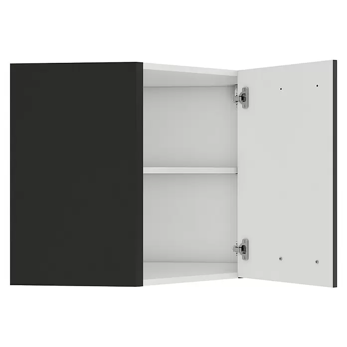 Optifit Madrid420 Eck-Hängeschrank - 34,6 x 60 x 57,6 cm, Anthrazit Matt - Wandschrank mit einer geschlossenen dunkelgrauen Tür und einer offenen weißen Tür, die zwei Innenregale und silberne Scharniere zeigt.