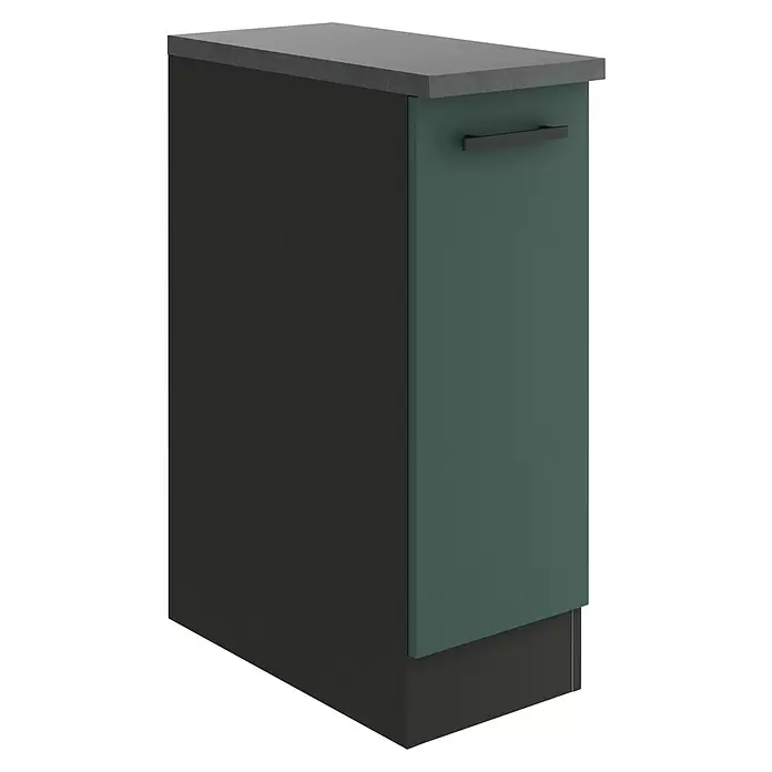 Optifit Verona405 Unterschrank - 60 x 30 x 84,8 cm, Steingrün, Mit 1 Auszug und 2 Metallschubkästen - Hoher, schmaler Küchenschrank mit dunkelgrauer Arbeitsplatte, dunkelgrüner Tür und schwarzem Griff.