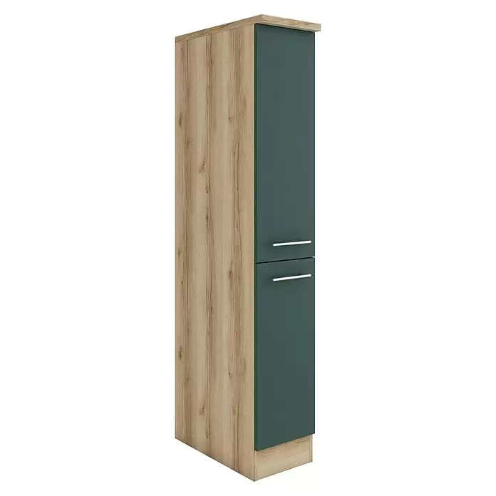 Optifit Savona405 Midischrank - 60 x 30 x 174,4 cm, Steingrün - Hoher Schrank in Holzoptik mit zwei dunkelgrünen Türen und silbernen Griffen.