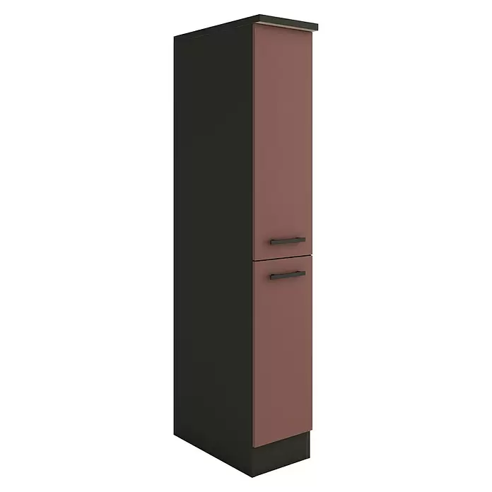 Optifit Nizza407 Küchen-Midischrank - 60 x 30 x 174,4 cm, Rostrot - Hoher, schlanker Schrank mit schwarzem Rahmen und zwei rotbraunen Türen mit schwarzen Griffen.