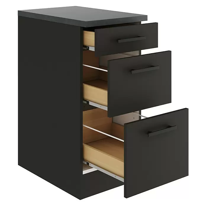 Optifit Madrid420 Unterschrank - 60 x 40 x 84,8 cm, Anthrazit Matt, Mit 1 Schubkasten und 2 Auszügen - Dunkelgrauer Dreischubladenschrank mit dunkler Arbeitsplatte und hellem Holzinterieur, zwei Schubladen offen.