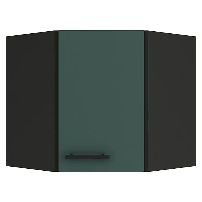 Optifit Verona405 Eck-Hängeschrank - 34,6 x 60 x 57,6 cm, Steingrün - Dunkelgrauer Eckwandschrank mit dunkeltürkiser Tür und schwarzem Griff.