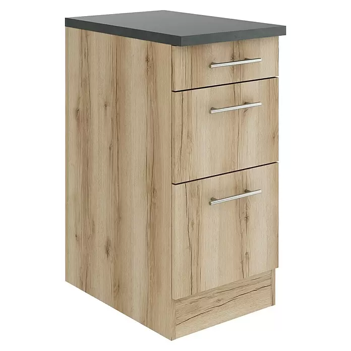 Optifit Livorno290 Unterschrank - 60 x 40 x 84,8 cm, Wildeiche Nachbildung, Mit 1 Schubkasten und 2 Auszügen - Hellbrauner Holzschrank mit drei Schubladen, silbernen Griffen und dunkler Arbeitsplatte.